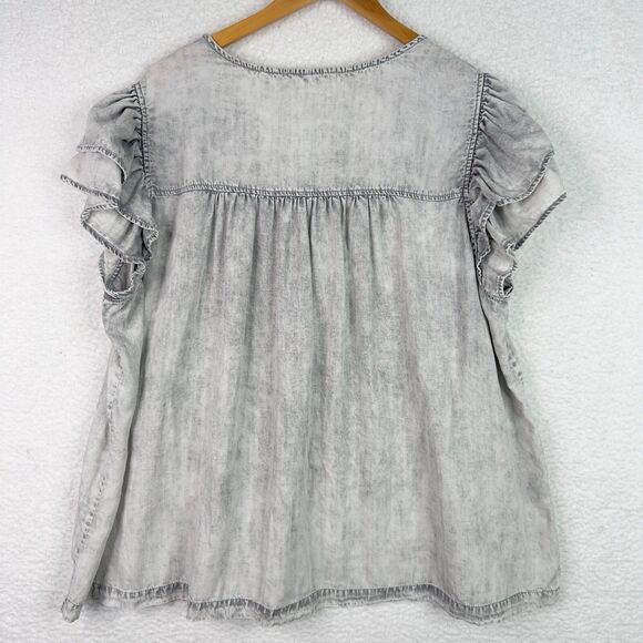 Jane + Delancey Tunic Top Blouse Gray Acid Wash 2X Smocked Ruffle Sleeve Boho - Picture 8 of 13